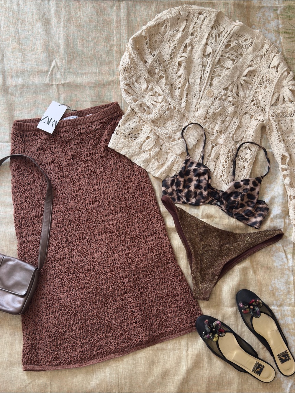 Zara Brown Crochet Coverup midi Skirt